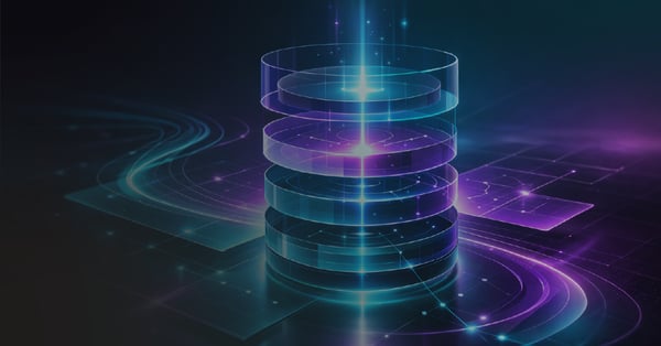 Abstract glowing data stack representing data management, governance, data architecture, and business intelligence solutions