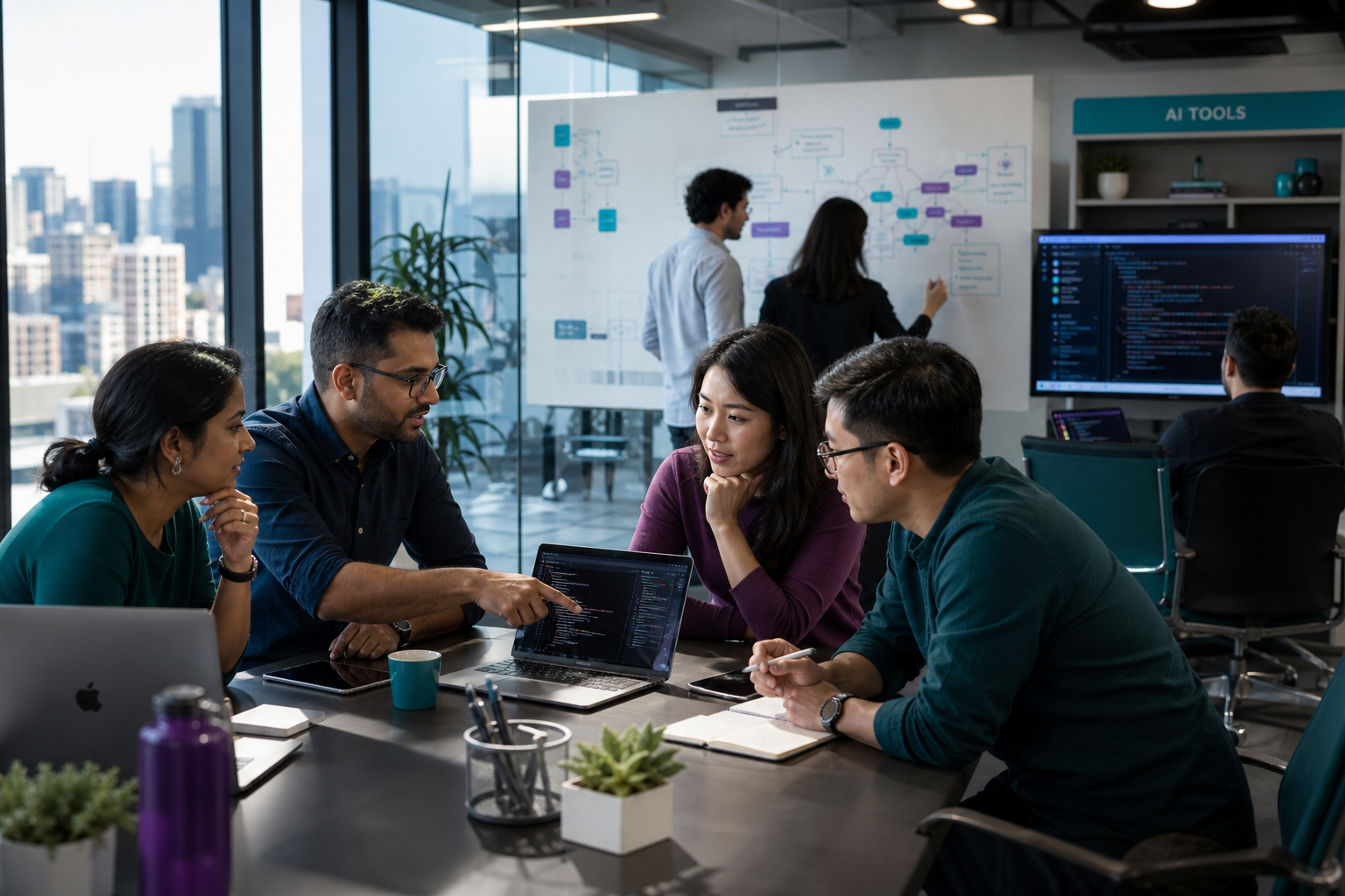 Modern office collaboration with developers working on custom software utilizing AI toolsets.